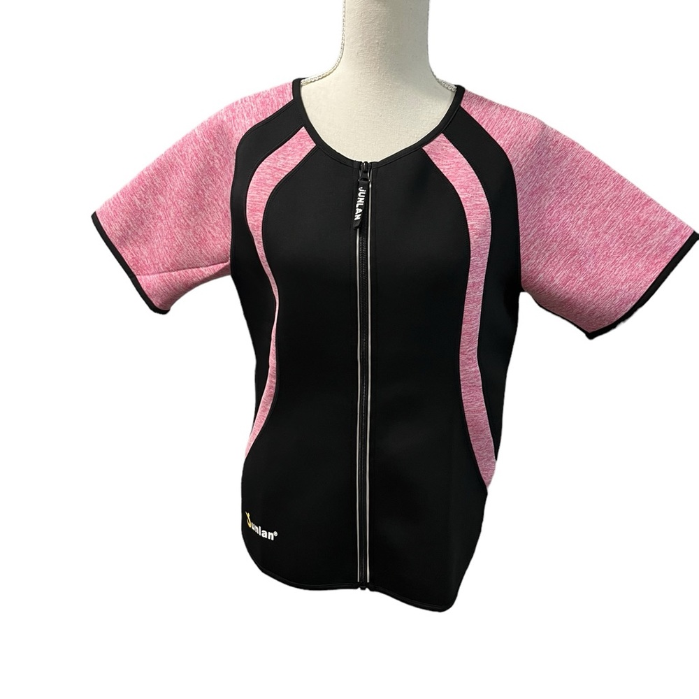Junlan Women’s Black Pink Neoprene Sauna Gym Full Zip Top XL